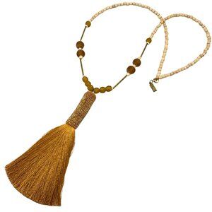 Handmade Beaded Necklace Yellow Glass Beads Wooden Gold Alloy Tassel Pendant